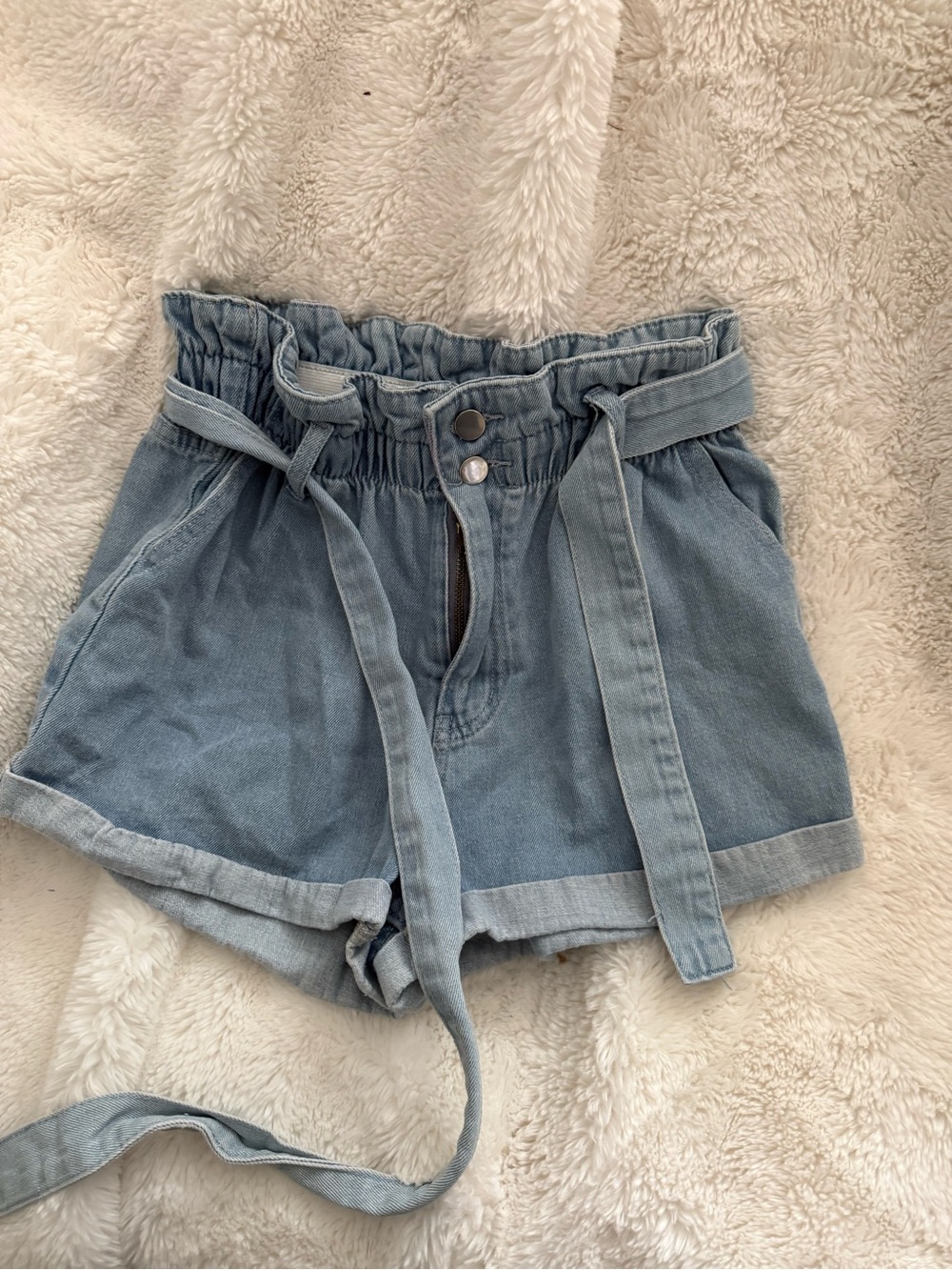 SHEIN Light Blue Paperbag Denim Tie-Waist Shorts